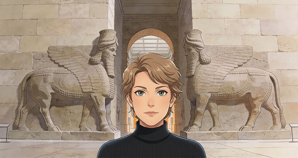 An anime style graphic of myself standing in the Khorsabad courtyard in the Louvre.