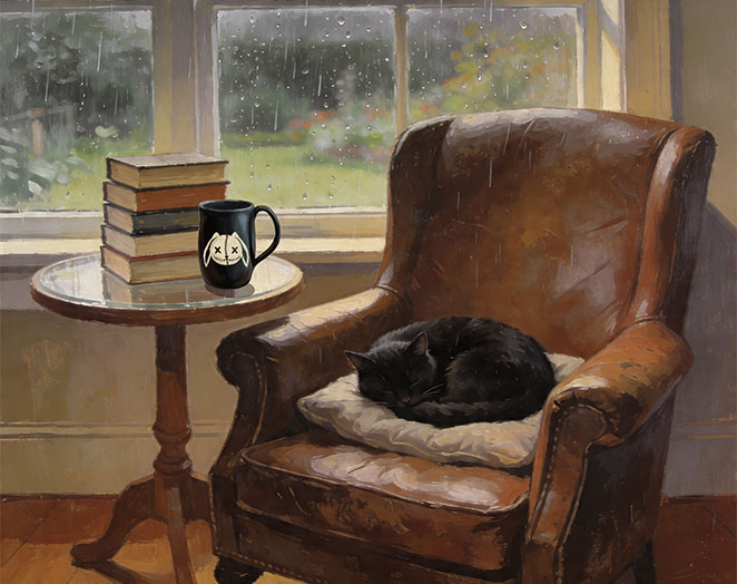 A cozy scene of a club chair next to a window showing a rainy day outside. In the seat lies a curled up black cat, and next to the chair is a small table with books stacked upon it and a favorite mug for tea.